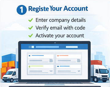 Φόρμα εγγραφής μεταφορέα στο ExusTrans με στοιχεία εταιρείας, ΑΦΜ/ΦΠΑ και ενεργοποίηση μέσω e-mail.